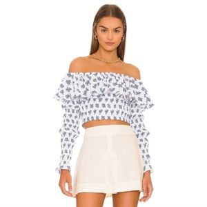 Caroline Constas Lydia Blue Toile Off Shoulder Ruffle Top XS NWT